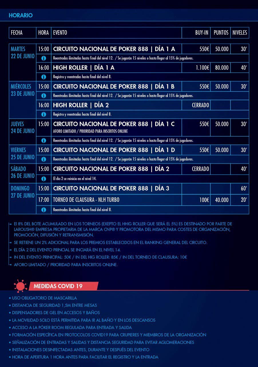 Programa del torneo de poker CNP888, del 22 al 27 de junio en Casino Gran Vía.